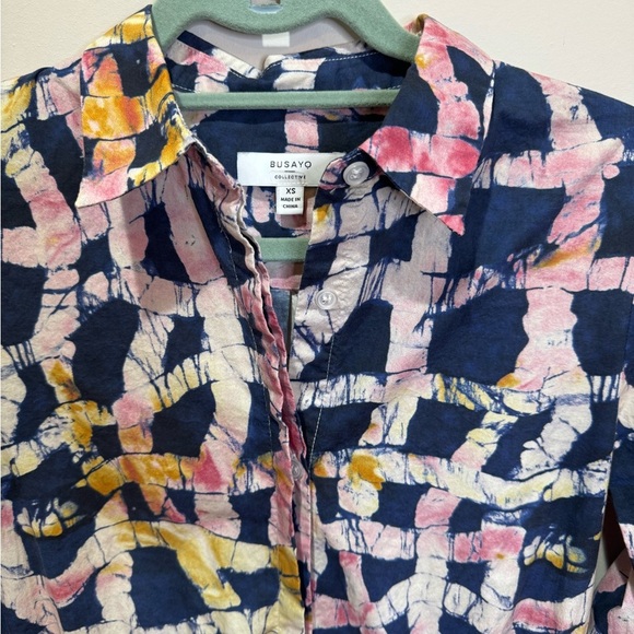Busayo‎ Abstract Printed Midi Shirt Dress High Low Hem XS Navy Pink Yellow - Picture 3 of 7